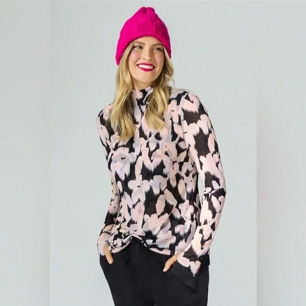 CAbi Abstract Floral Mesh Mock Neck Lined Long Sleeve Activewear Athleisure Top